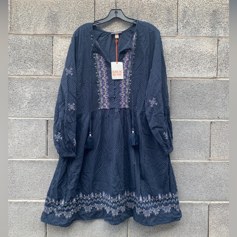 NWT Knox Rose Dress Blue W/ Embroidered Pockets Long Sleeve Balloon Size Large